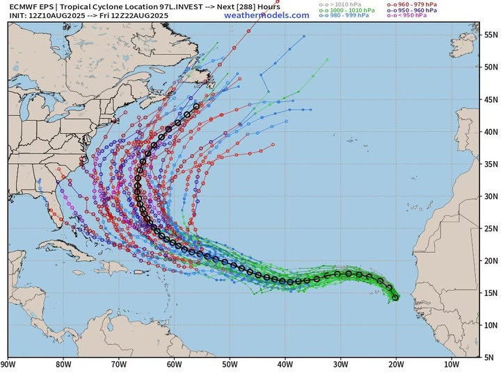Satellite map showing the tropical wave Invest 97L moving across the Atlantic