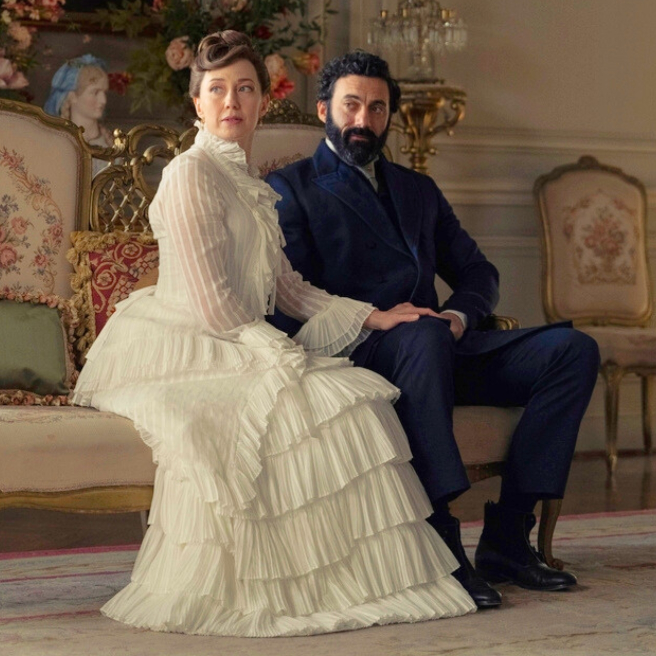 Bertha and George Russell's future is uncertain Bertha and George Russell in a dramatic scene from The Gilded Age season 3 finale