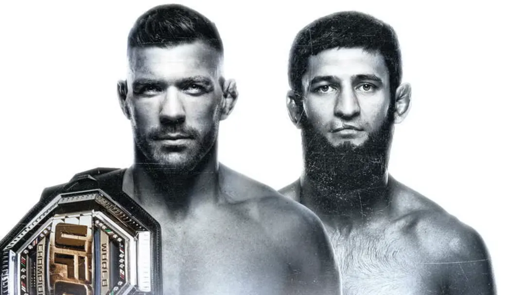 Khamzat Chimaev celebrates winning the UFC middleweight title