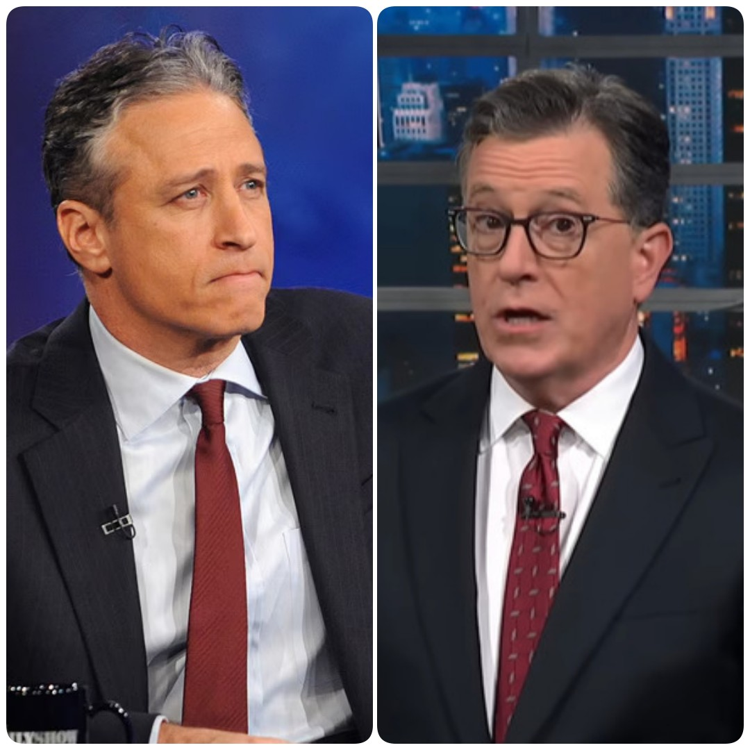 Political satirists Jon Stewart and Stephen Colbert Jon Stewart and Stephen Colbert together on a stage